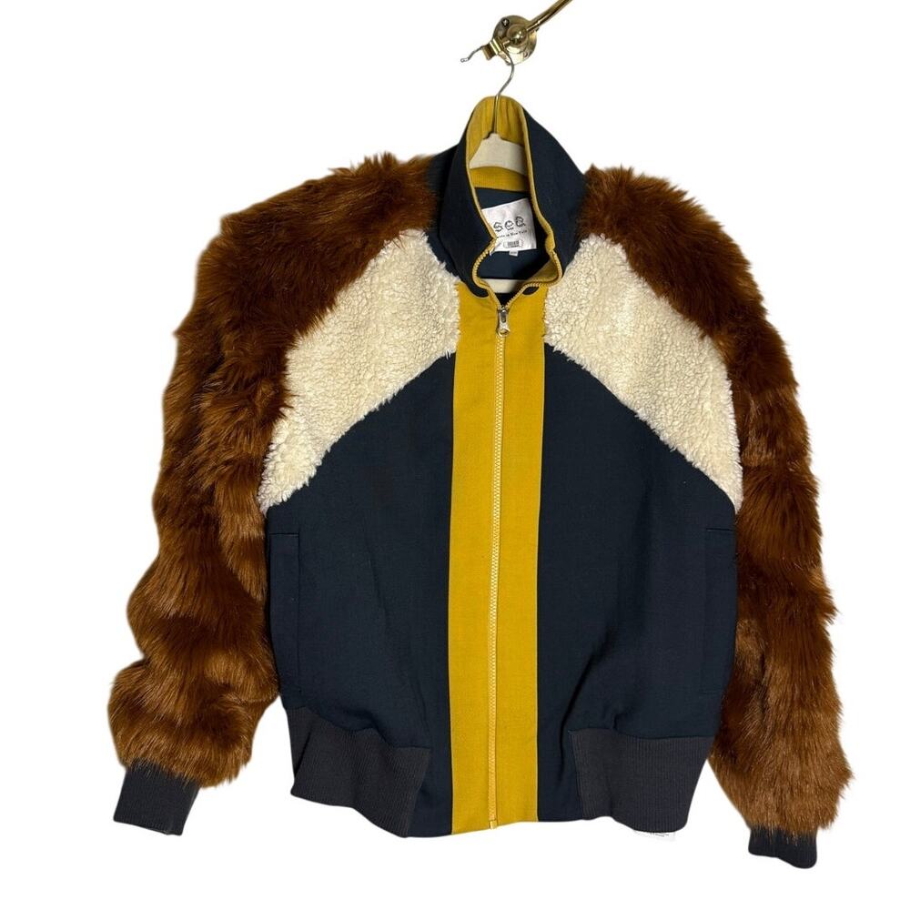 Sea New York Wool Tradition Combo Faux Fur Track Jacket Sz. XS - Picture 3 of 7